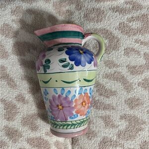 Vintage Floral Ceramic Pitcher with Pink and Blue Accents